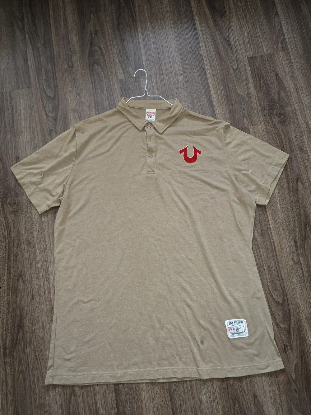 True Religion Men's Tan Polo with Red Horseshoe Logo